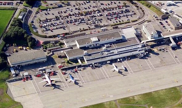 Aerial view of Aberdeen International Airport terminal, aircraft apron and parking